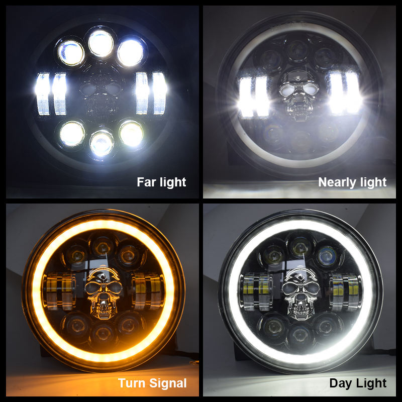 7 Inch Round Led Headlight 12v 24v for Jeep Halle Hi/Lo Beam RGB Led Round Skull Light H4 Head Lights Motorcycle Headlamp